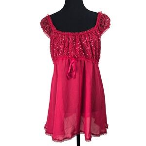 Red Sequin Babydoll Top Lingerie XL Cap Sleeve Blouse Flowy Sheer Y2K Party Mesh